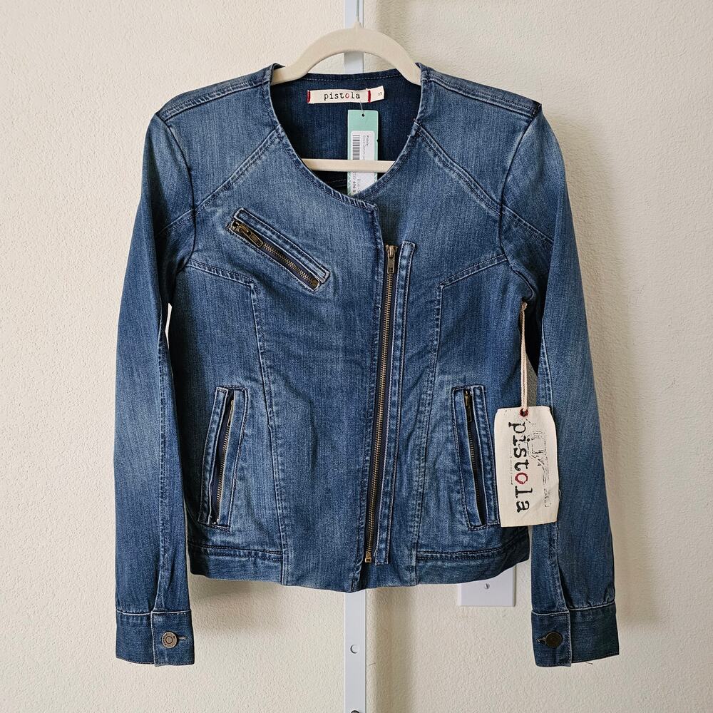 PISTOLA NWT Women's Bosie Moto Asymmetrical Blue Denim Zipper Jean Jacket Sz S